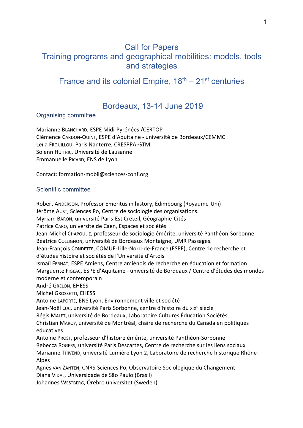 Call for Papers Training Programs and Geographical Mobilities: Models, Tools and Strategies France and Its Colonial Empire, 18Th – 21St Centuries