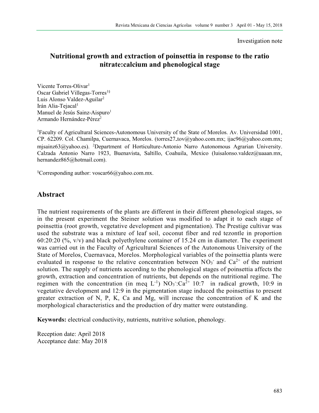 Nutritional Growth and Extraction of Poinsettia in Response to the Ratio Nitrate:Calcium and Phenological Stage