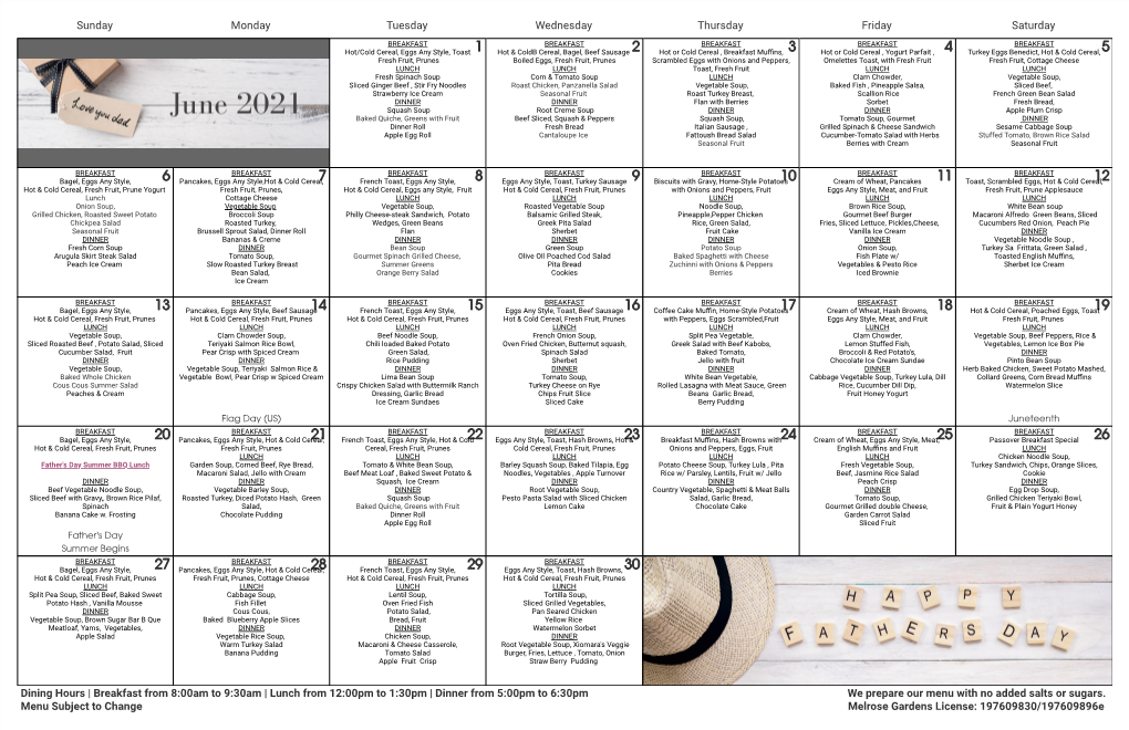 Menu with No Added Salts Or Sugars