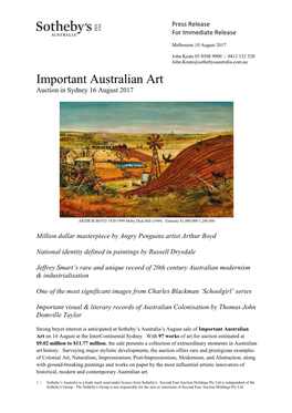Important Australian Art Auction in Sydney 16 August 2017