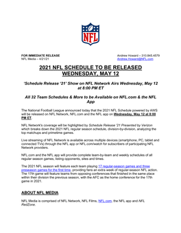 2021 Nfl Schedule to Be Released Wednesday, May 12