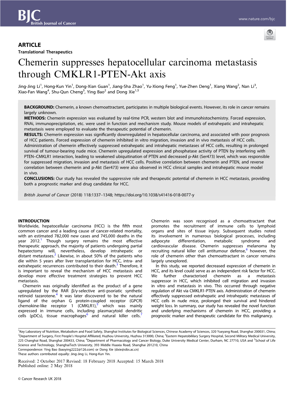 Chemerin Suppresses Hepatocellular Carcinoma Metastasis Through CMKLR1-PTEN-Akt Axis