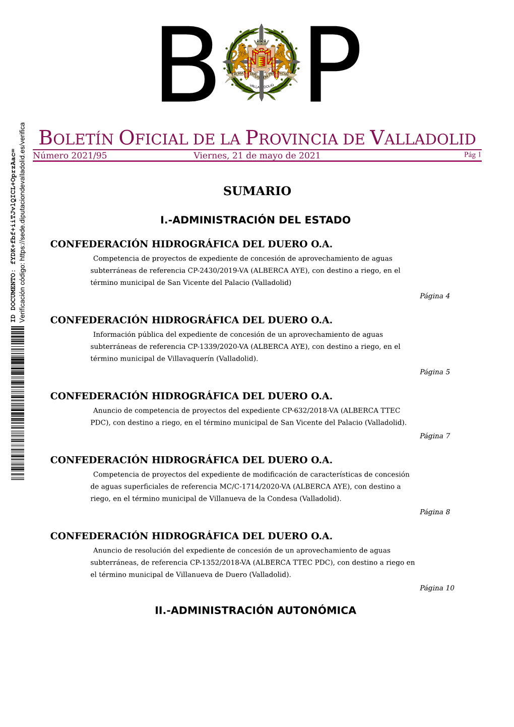 BOLETÍN OFICIAL DE LA PROVINCIA DE VALLADOLID Número 2021/95 Viernes, 21 De Mayo De 2021 Pág 1