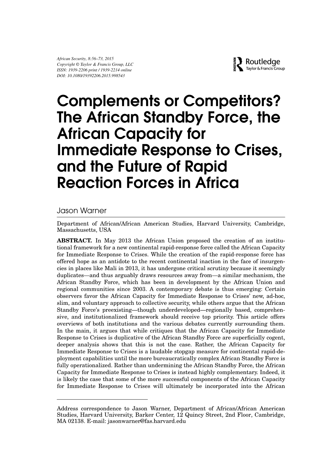 The African Standby Force, the African Capacity for Immediate Response to Crises, and the Future of Rapid Reaction Forces in Africa