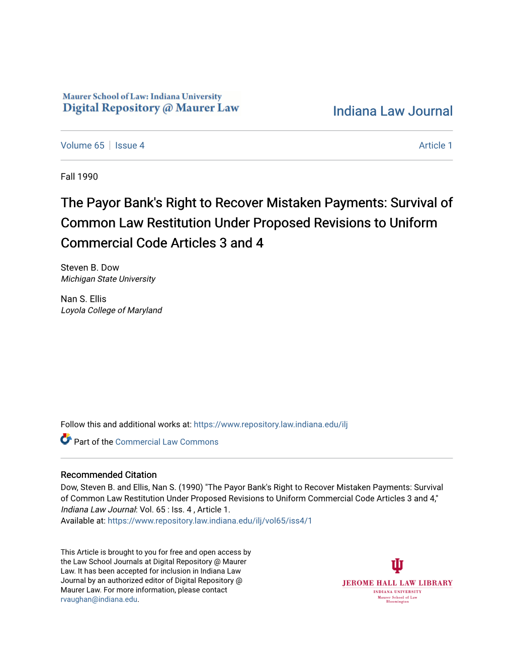 The Payor Bank's Right to Recover Mistaken Payments: Survival of Common Law Restitution Under Proposed Revisions to Uniform Commercial Code Articles 3 and 4