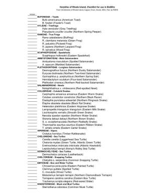 Herptiles of Rhode Island, Checklist for Use in Bioblitz Bufo Americanus