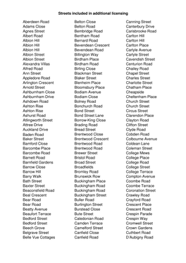 Streets Included in Additional Licensing Aberdeen Road Adams