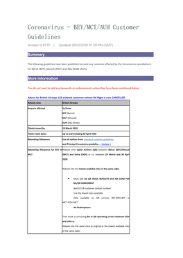 Coronavirus - BEY/MCT/AUH Customer Guidelines