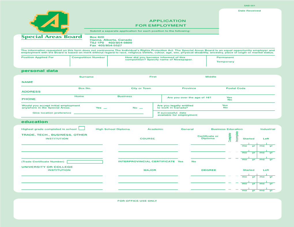 Special Areas Employment Application