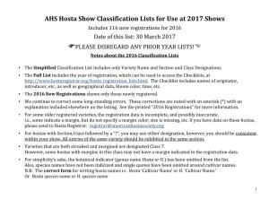 AHS Hosta Show Classification Lists for Use at 2017 Shows