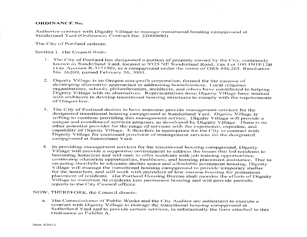 Dignity Village Contract L2-13 Page I Of22- ¡Evised I0/19/12 L Scope of Services the Contractor Shall Provide the Following Services