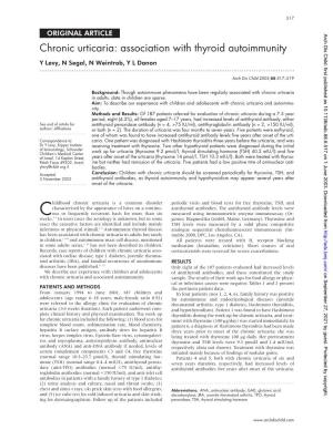 Chronic Urticaria: Association with Thyroid Autoimmunity Y Levy, N Segal, N Weintrob, Y L Danon