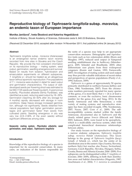 Reproductive Biology of Tephroseris Longifolia Subsp. Moravica, an Endemic Taxon of European Importance