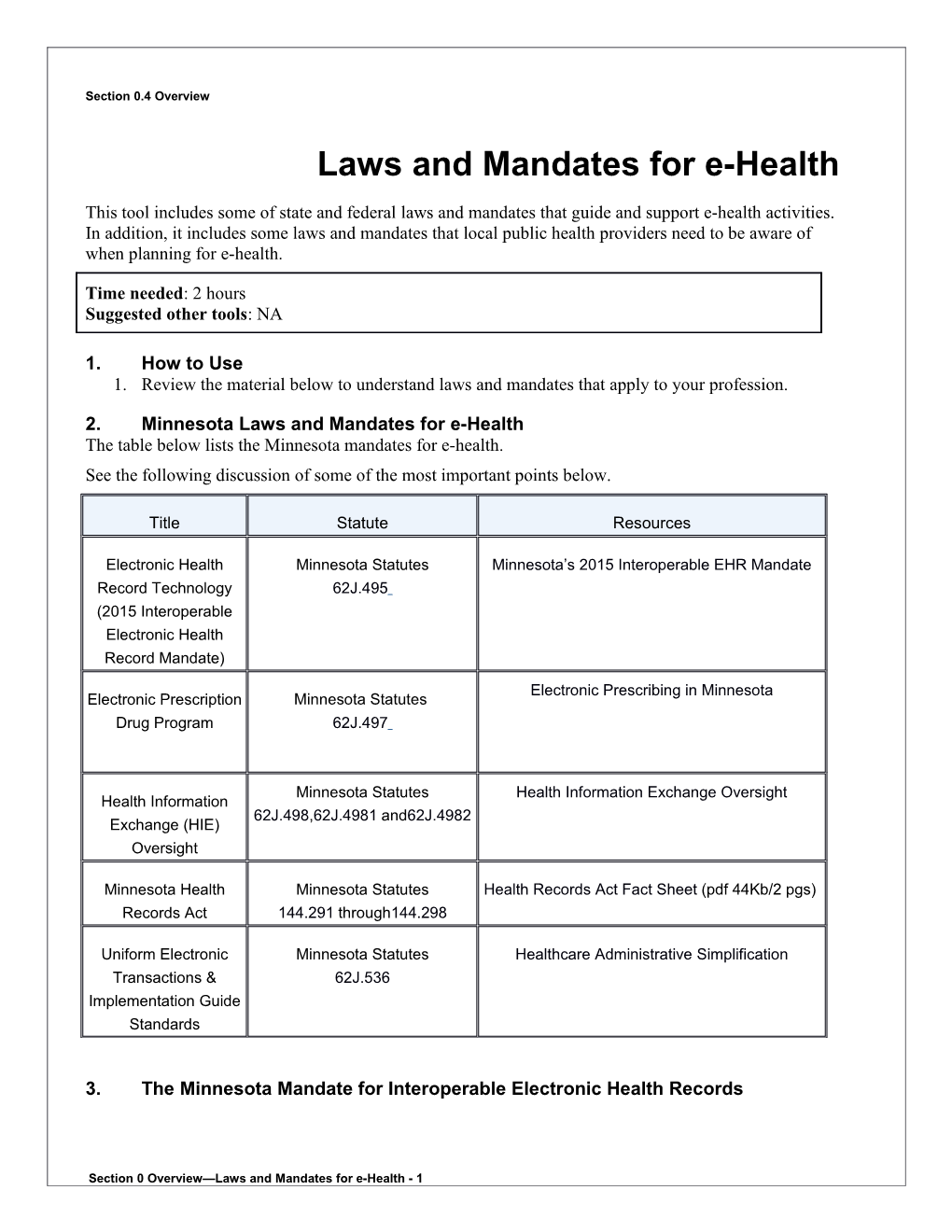 0 Laws and Mandates for E-Health