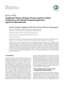 Review Article Traditional Chinese Medicine Protects Against Cytokine Production As the Potential Immunosuppressive Agents in Atherosclerosis