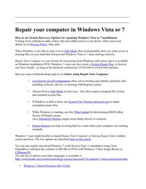 Repair Your Computer in Windows Vista Or 7