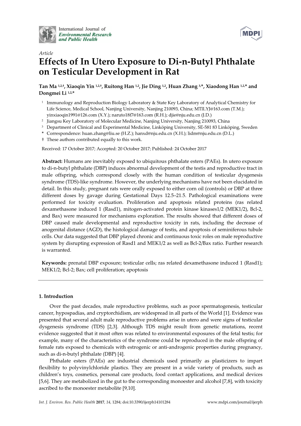 Effects of in Utero Exposure to Di-N-Butyl Phthalate on Testicular