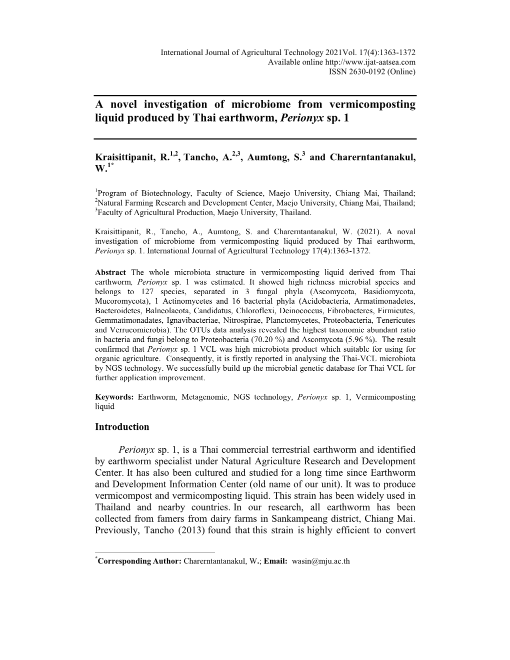 A Noval Investigation of Microbiome from Vermicomposting Liquid Produced by Thai Earthworm, Perionyx Sp