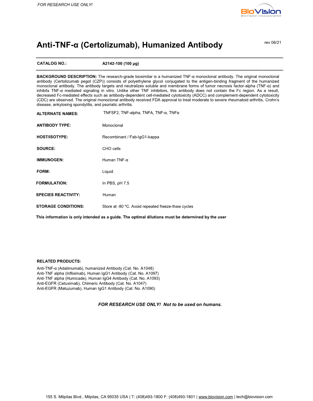 Anti-TNF-Α (Certolizumab), Humanized Antibody