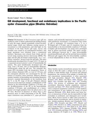Gill Development, Functional and Evolutionary Implications in the Paciﬁc Oyster Crassostrea Gigas (Bivalvia: Ostreidae)