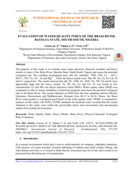 Evaluation of Water Quality Index of the Brass River, Bayelsa State, South-South, Nigeria