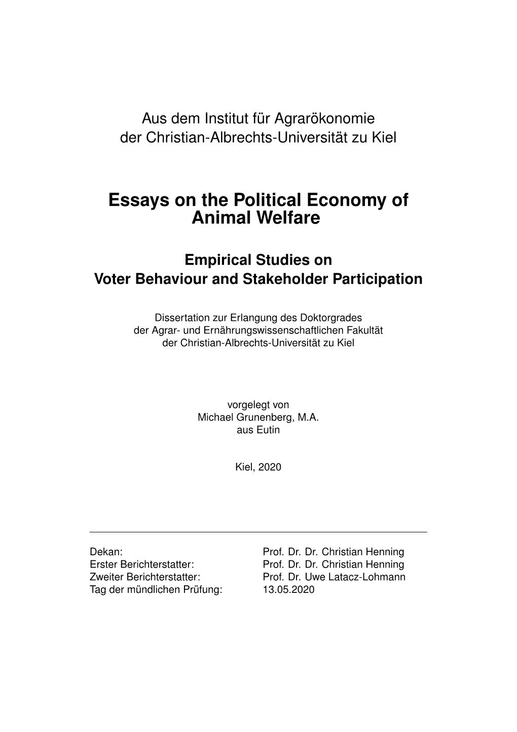 Essays on the Political Economy of Animal Welfare