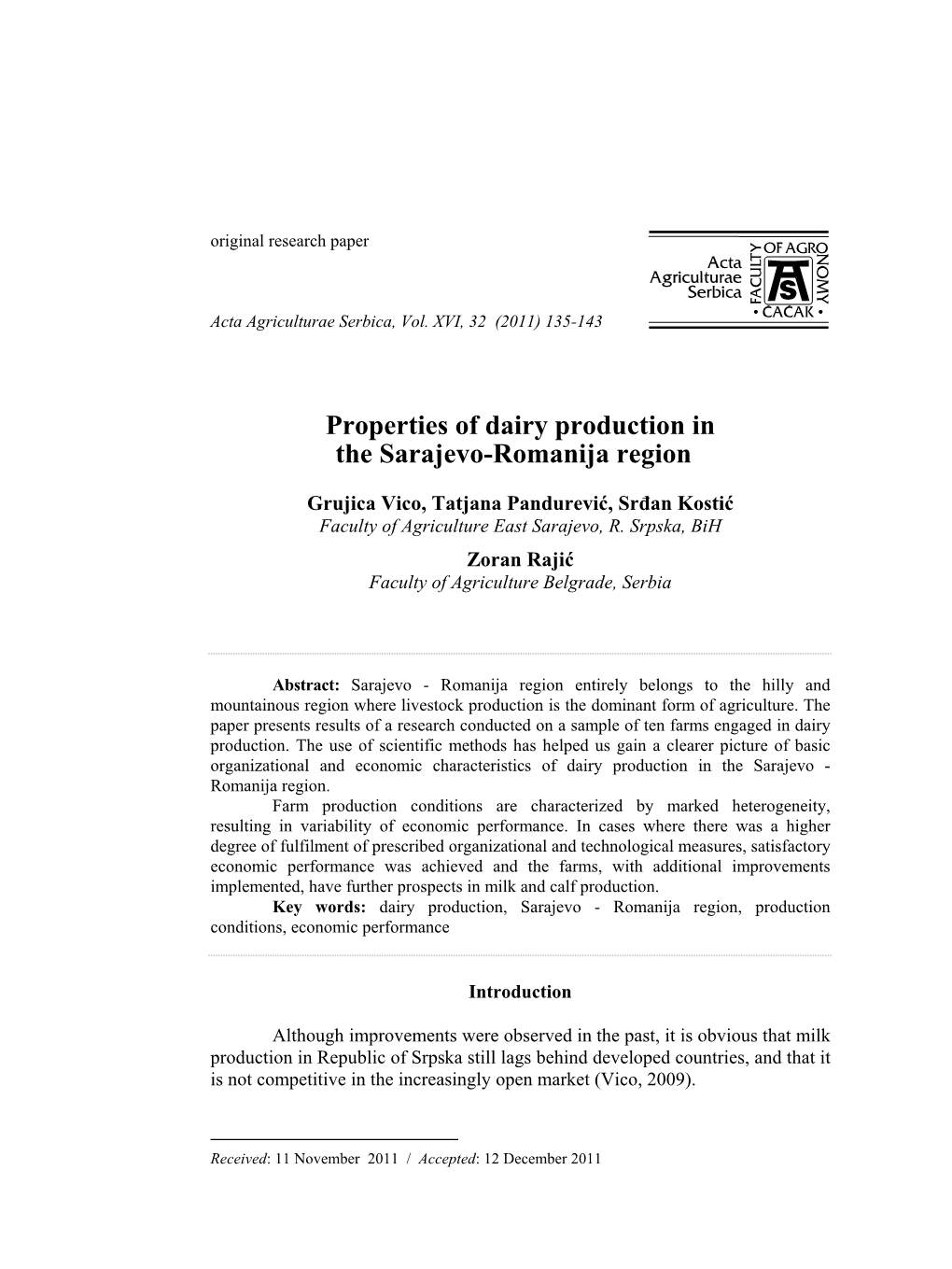 Properties of Dairy Production in the Sarajevo-Romanija Region1