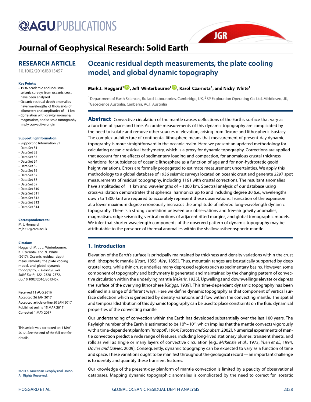 Oceanic Residual Depth Measurements, the Plate Cooling 10.1002/2016JB013457 Model, and Global Dynamic Topography