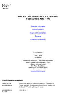 Union Station Indianapolis, Indiana Collection, 1882-1996