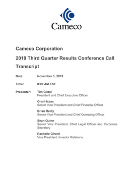 Cameco Corporation 2019 Third Quarter Results Conference Call