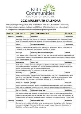 2022 MULTIFAITH CALENDAR the Following Are Major Holy Days and Festivals for Baha'i, Buddhism, Christianity, Hinduism, Islam, Jainism, Judaism and Sikhism