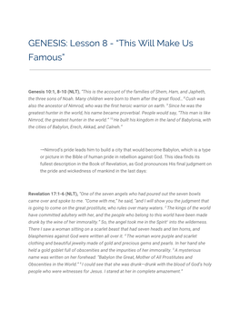GENESIS: Lesson 8 - “This Will Make Us Famous”