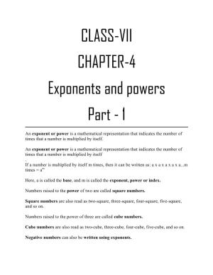 CLASS-VII CHAPTER-4 Exponents and Powers Part - 1