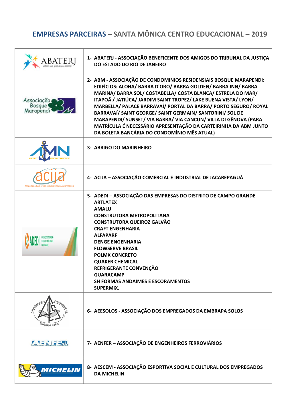 Empresas Parceiras – Santa Mônica Centro Educacional – 2019