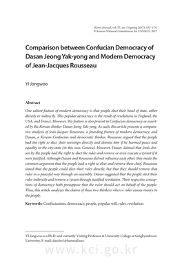 Comparison Between Confucian Democracy of Dasan Jeong Yak-Yong and Modern Democracy of Jean-Jacques Rousseau