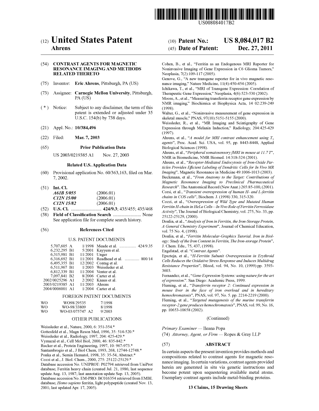 (12) United States Patent (10) Patent No.: US 8,084,017 B2 Ahrens (45) Date of Patent: Dec