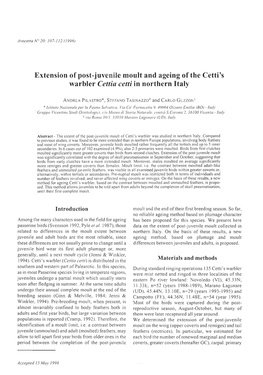 Extension Ofpost-Juvenile Moult and Ageing Ofthe Cetti's Warbler Cettia Cetti in Northern Italy