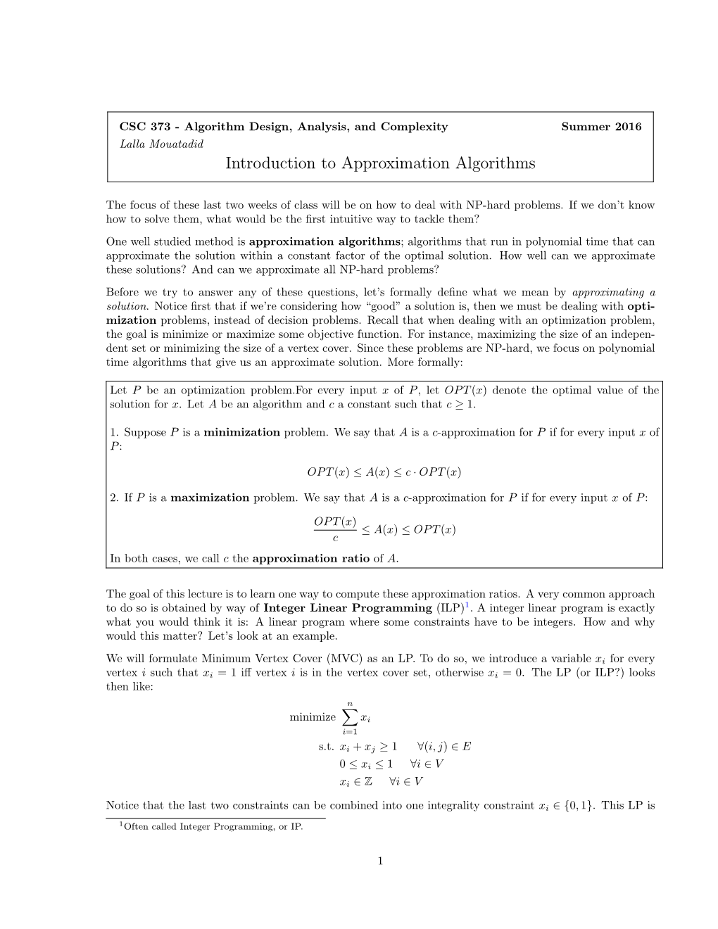 Introduction to Approximation Algorithms