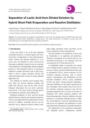 Separation of Lactic Acid from Diluted Solution by Hybrid Short Path Evaporation and Reactive Distillation