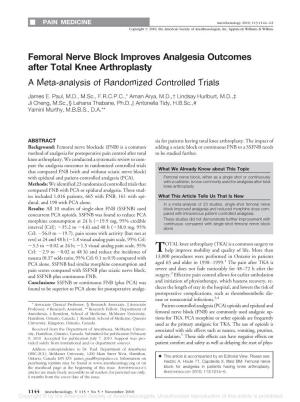 Femoral Nerve Block Improves Analgesia Outcomes After Total Knee Arthroplasty a Meta-Analysis of Randomized Controlled Trials