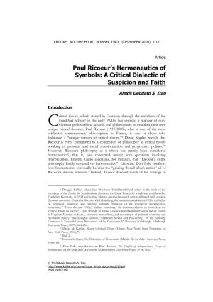 Paul Ricoeur's Hermeneutics of Symbols: a Critical Dialectic Of