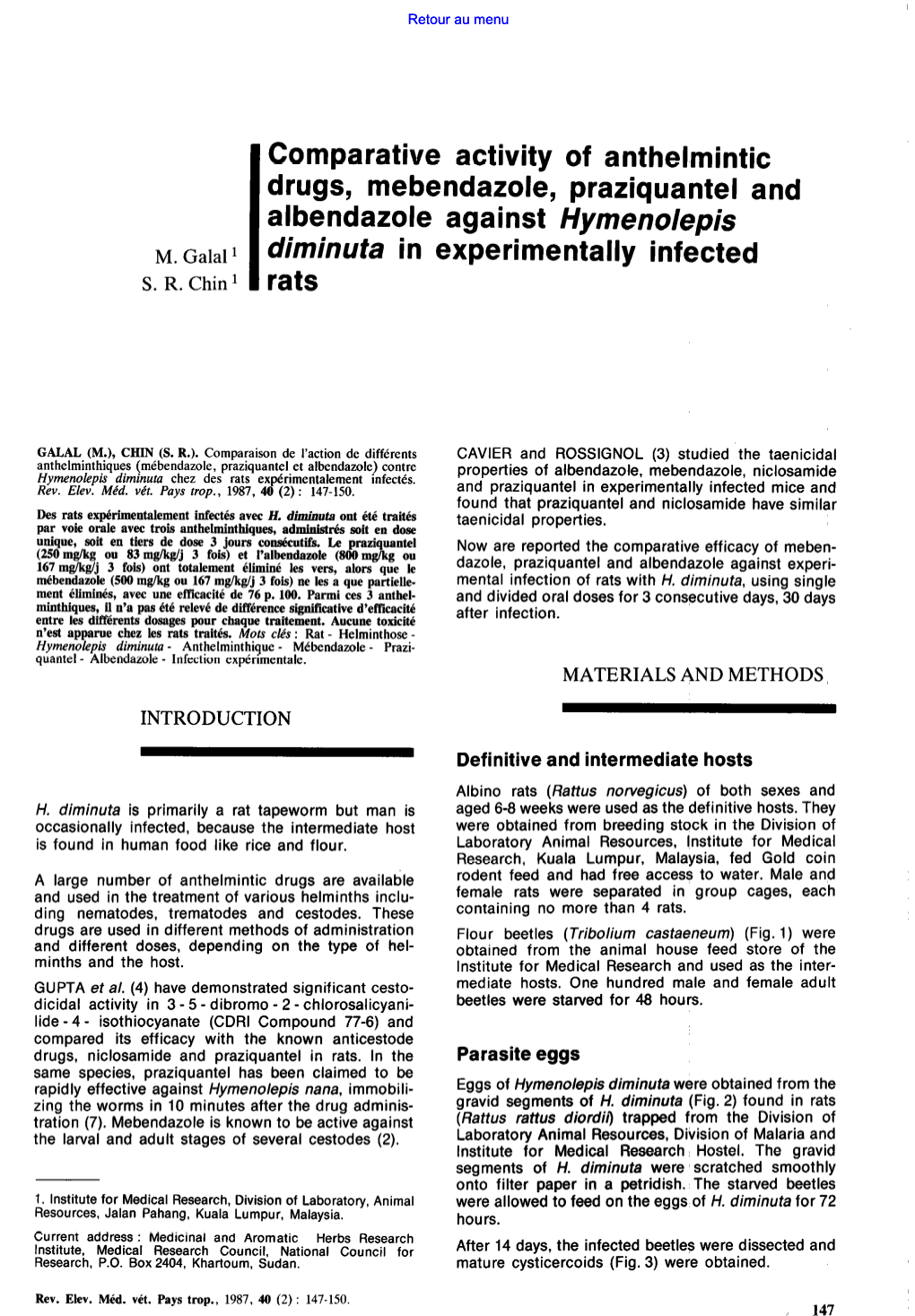 I Comparative Activity of Anthelmintic