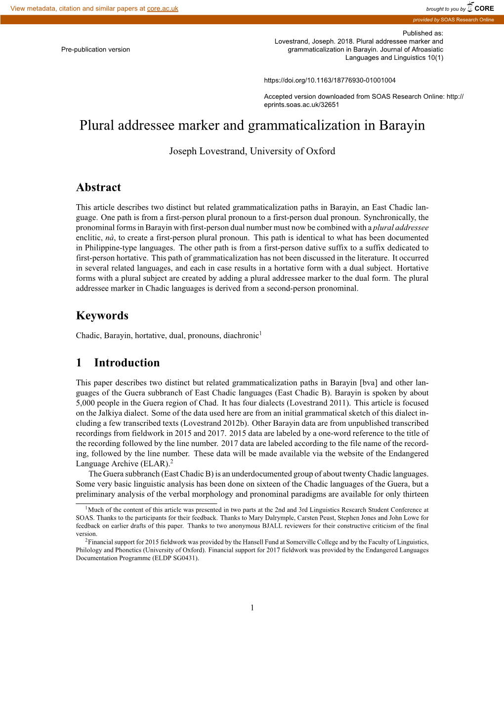 Plural Addressee Marker and Grammaticalization in Barayin