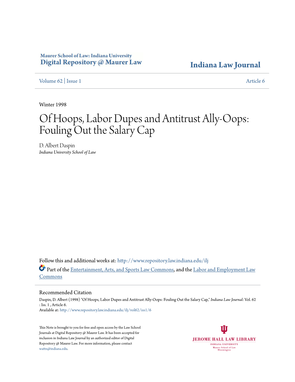 Of Hoops, Labor Dupes and Antitrust Ally-Oops: Fouling out the Salary Cap D