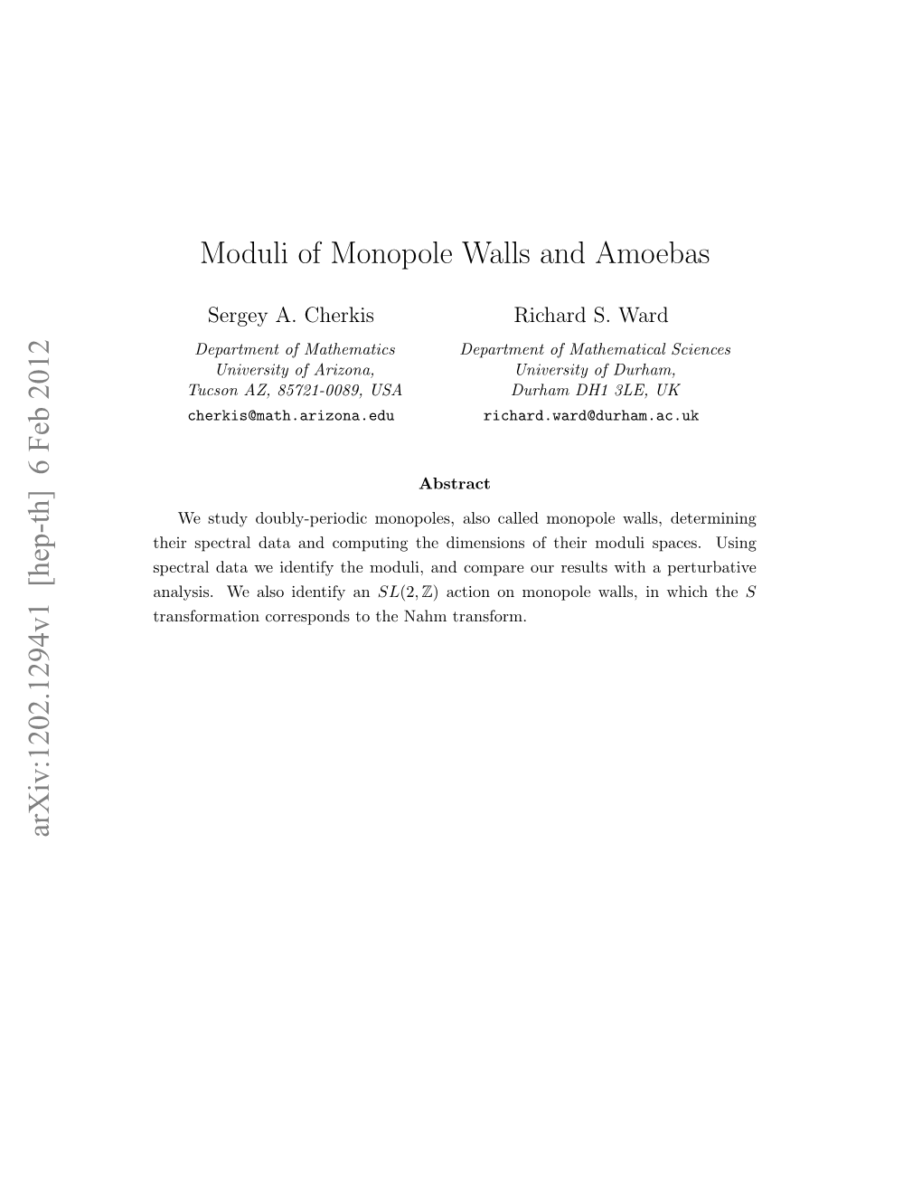 Moduli of Monopole Walls and Amoebas Arxiv:1202.1294V1 [Hep-Th]