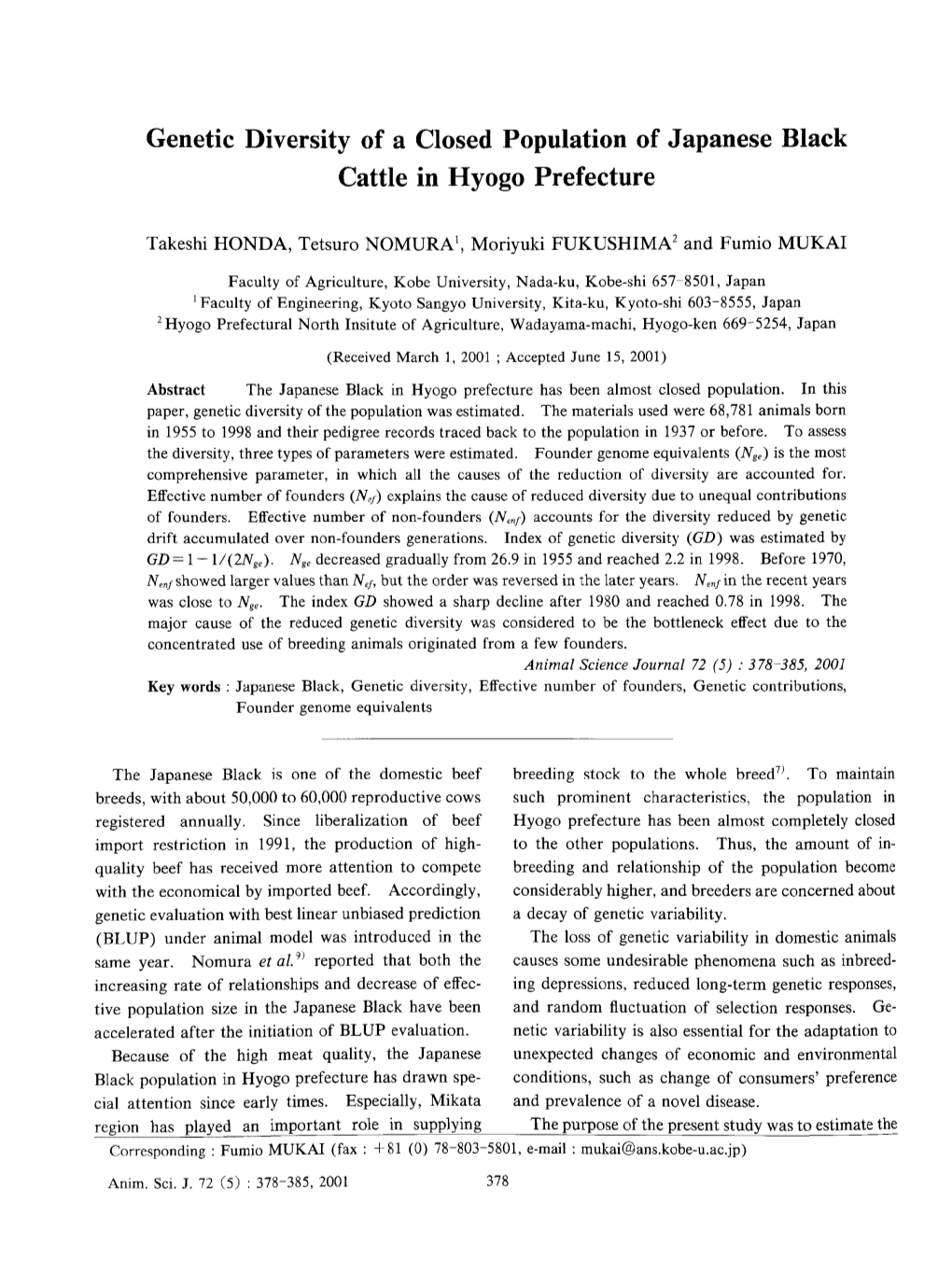 Genetic Diversity of a Closed Population of Japanese Black Cattle in Hyogo Prefecture