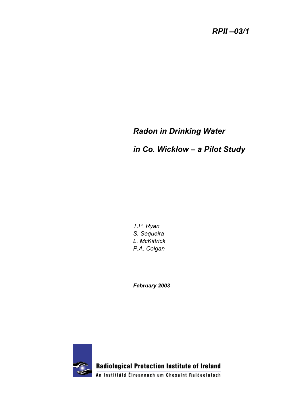 RPII –03/1 Radon in Drinking Water in Co. Wicklow