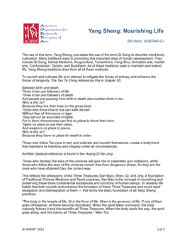 Yang Sheng: Nourishing Life