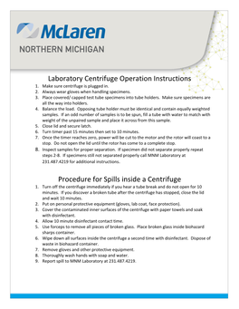 Laboratory Centrifuge Operation Instructions Procedure for Spills