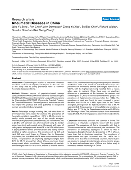 Rheumatic Diseases in China Qing Yu Zeng1, Ren Chen2, John Darmawan3, Zheng Yu Xiao1, Su Biao Chen1, Richard Wigley4, Shun Le Chen5 and Nai Zheng Zhang6